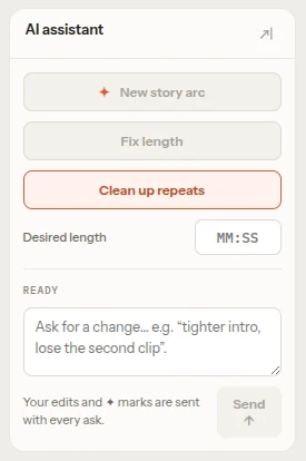 The AI assistant panel in the FirstCut editor, with a prompt box and a list of pending edits.