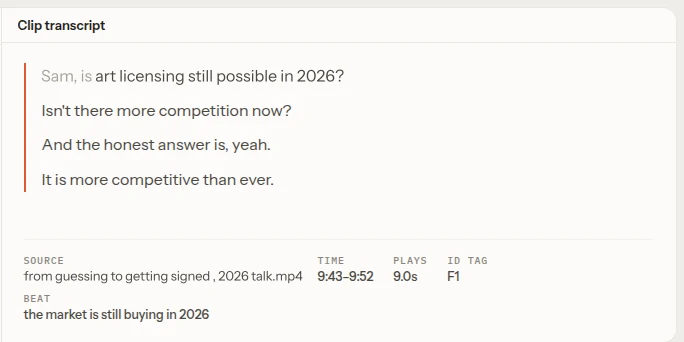 A clip's transcript in the FirstCut editor, with the source file, the time range and how long the clip plays.